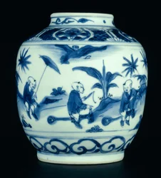 Pot bleu et blanc peint avec des garçons jouant sur des chevaux de bois, Wanli ou Chongzheng, 1600-30 (porcelaine)