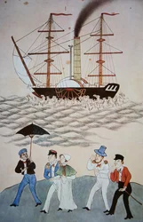 Peinture chinoise du premier navire à vapeur britannique et des passagers débarquant à Canton vers 1840