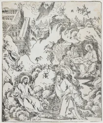 Le Christ dans le Désert, planche de Giulio Alenis Tianzhu jiangsheng zhuxiang jingjie (Une Histoire Illustrée du Seigneur du Ciel Incarné en Chair), Église de Jinjiang, Province de Fujian