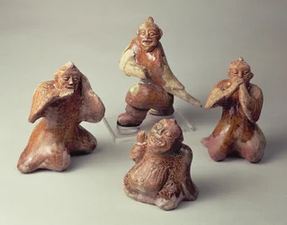 Groupe de quatre artistes en poterie chinoise ancienne, artefact funéraire, dynastie Han, 25-220 apr. J.-C.