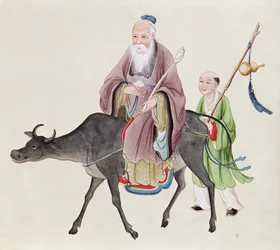 Lao-Tzu (c.604-531) sur son buffle, suivi par un disciple