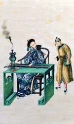 Homme avec une longue cithare à une table, avec un serviteur
