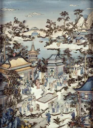 Panneau représentant un dignitaire avec des assistants regardant une danseuse, période Qianlong, 1736-95