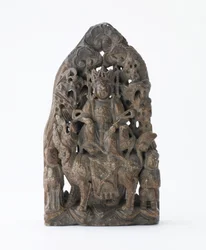 Petite tablette en stéatite, avec relief percé de Manjusri sur lion, Période de Division, 543 après J.-C.
