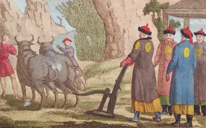La fête de la charrue en Chine, illustration de frontispice pour La Chine en Miniature, par J.B. Breton, Paris, édité par Nepveu, 1811 (gravure en couleur)