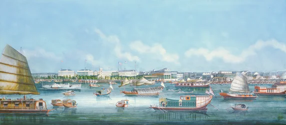 Vue du front de mer à Canton, vers 1855