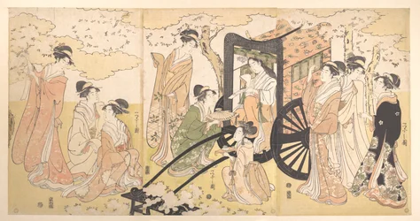 Une excursion pour admirer les cerisiers en fleurs, organisée par une noble dame et ses dames d