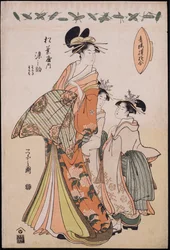 Portrait en pied de la courtisane Somenosuke accompagnée de deux Kamuro