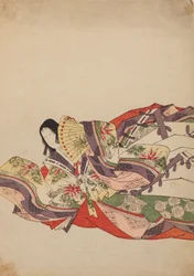 Dame de cour assise, penchée en avant avec un éventail, planche de l