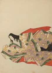 Dame de cour assise dans une robe violet clair à motif vert et jaune, planche de l