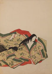 Dame de cour assise dans une robe gris olive à motif de fleurs de cerisier, planche de l
