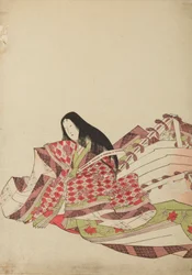 Dame de cour assise dans une robe à losanges blancs et rouges, planche de l
