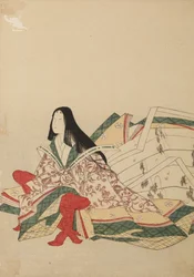 Dame de cour assise, appuyée sur un kyōsoku, planche de l