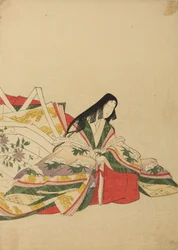 Dame de cour assise, appuyée sur un éventail, planche de l
