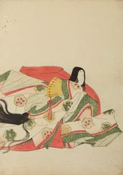 Dame de cour assise avec un éventail jaune, planche de l