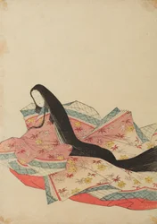 Dame de cour assise, tournée vers la gauche, en robe rose lilas, planche de l