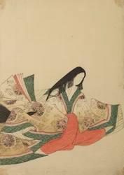 Dame de cour assise, tournée vers la droite, dans une robe à motif de médaillons, planche de l