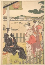 Groupe dans une maison de thé sur la rive de la Sumida