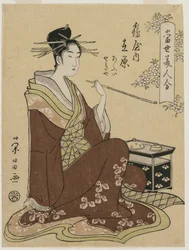 La courtisane Ariwara de Tsuruya assise près d