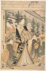 Deux oiran avec deux accompagnatrices dans le Yoshiwara