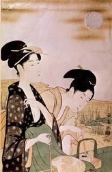 Admirant la lune : deux femmes fumant. Estampes par Choki Eishosai (actif fin 18ème siècle-début 19ème siècle)