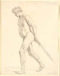 Modèle académique masculin marchant, tirant des cordes