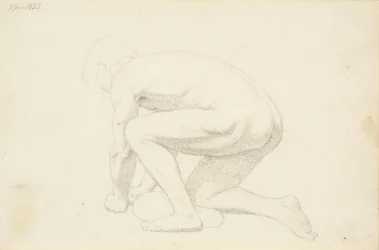 Modèle masculin, allongé appuyé sur les bras et le genou droit, vu de côté et tourné vers la gauche