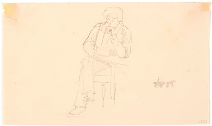 Homme assis à une table et petit croquis de calèche