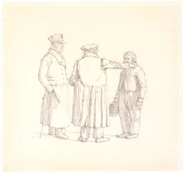 Trois personnes en conversation; de dos au centre le maître boulanger Købke, à gauche le major Krohn et à droite le sergent d