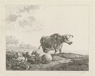 Paysage avec une vache et deux moutons