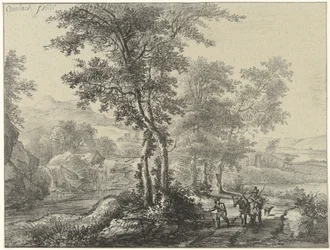 Paysage boisé avec voyageurs