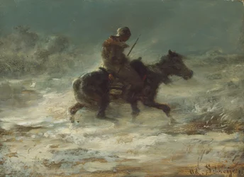 Homme avec lance traversant la neige