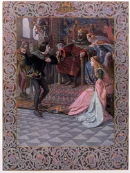 Hamlet devant le roi Claudius, la reine Gertrude et Ophélie, scène de «Hamlet» de William Shakespeare (1564-1616), vers 1900