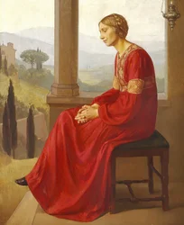 Une femme en robe rouge assise sur une terrasse dans un paysage italien