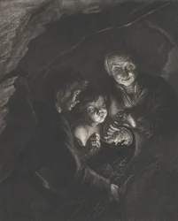Scène nocturne dans une grotte avec une vieille femme tenant des charbons ardents dans un pot, un garçon soufflant, vers 1750-57