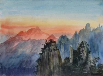 Lumière de Bouddha - Lever de soleil sur la montagne rose, 2015 (aquarelle sur papier)