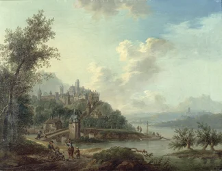 Vue du Rhin avec un pont et des figures au premier plan et une ville fortifiée sur une colline au-delà