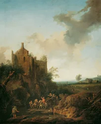 Paysage avec ruines de château et chariot