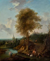 Paysage avec trois arbres et église