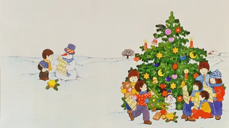 Chanteurs de Noël devant un sapin de Noël
