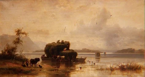Paysage lacustre avec des paysans et des barges de foin