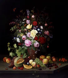 Nature morte de fleurs et de fruits. Peinture de Christian Mollback (1853-1921) Collection privee.