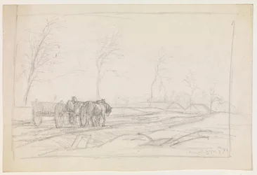 Paysage avec arbres sans feuilles et une charrette de travail