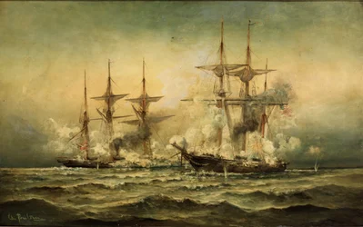 Kearsarge et Alabama au large du port de Cherbourg en France, 19 juin 1864, c.1870
