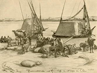 Chargement de coton sur des bateaux à grains, Rivière Nil, Le Caire, Égypte, 1898