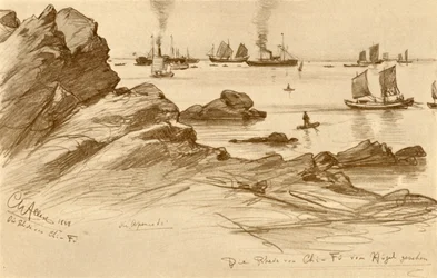 Les routes de Chefoo vues des collines, Chine, 1898