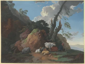 Paysage rocheux avec un berger, deux vaches, deux moutons et une chèvre