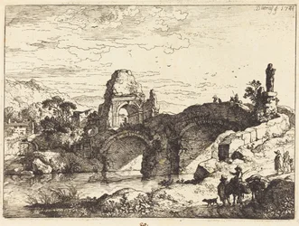 Paysage avec un pont et une tour en ruine