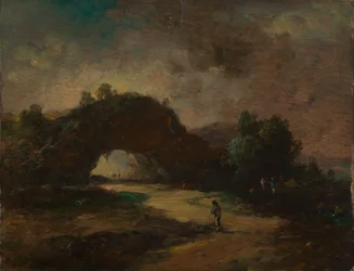 Paysage avec une arche rocheuse envahie par les broussailles