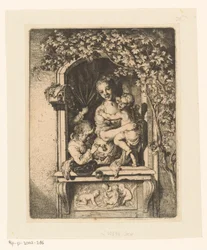 Femme avec enfants dans une fenêtre décorée